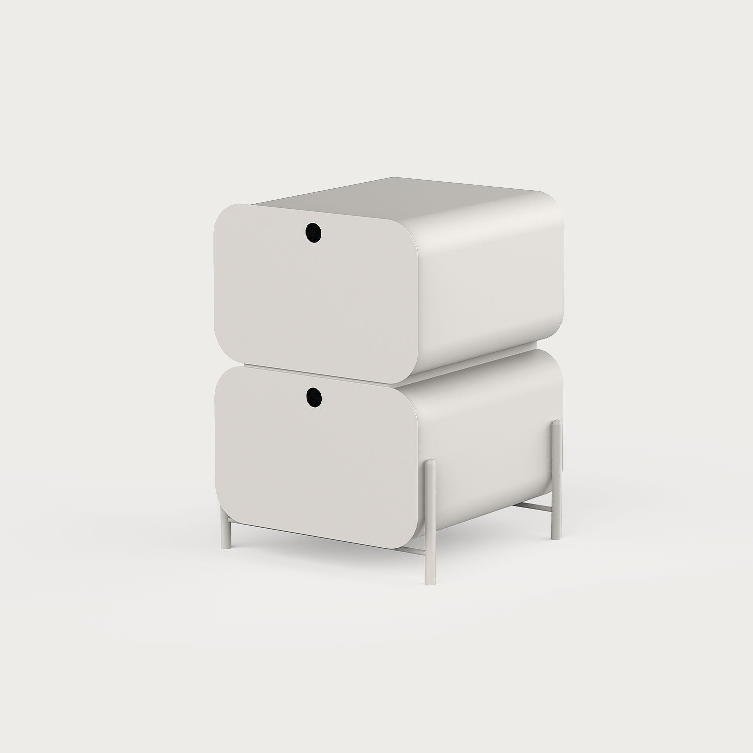 Yuvarlatılmış hatlı metal Pod Komodin; minimal, modern ve el yapımı tasarım. Çift çekmeceli yapısıyla yatak odası için fonksiyonel ve dekoratif çözüm. Ücretsiz kargo.