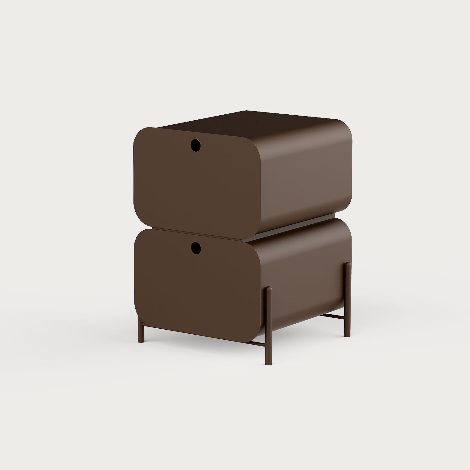 Yuvarlatılmış hatlı metal Pod Komodin; minimal, modern ve el yapımı tasarım. Çift çekmeceli yapısıyla yatak odası için fonksiyonel ve dekoratif çözüm. Ücretsiz kargo.