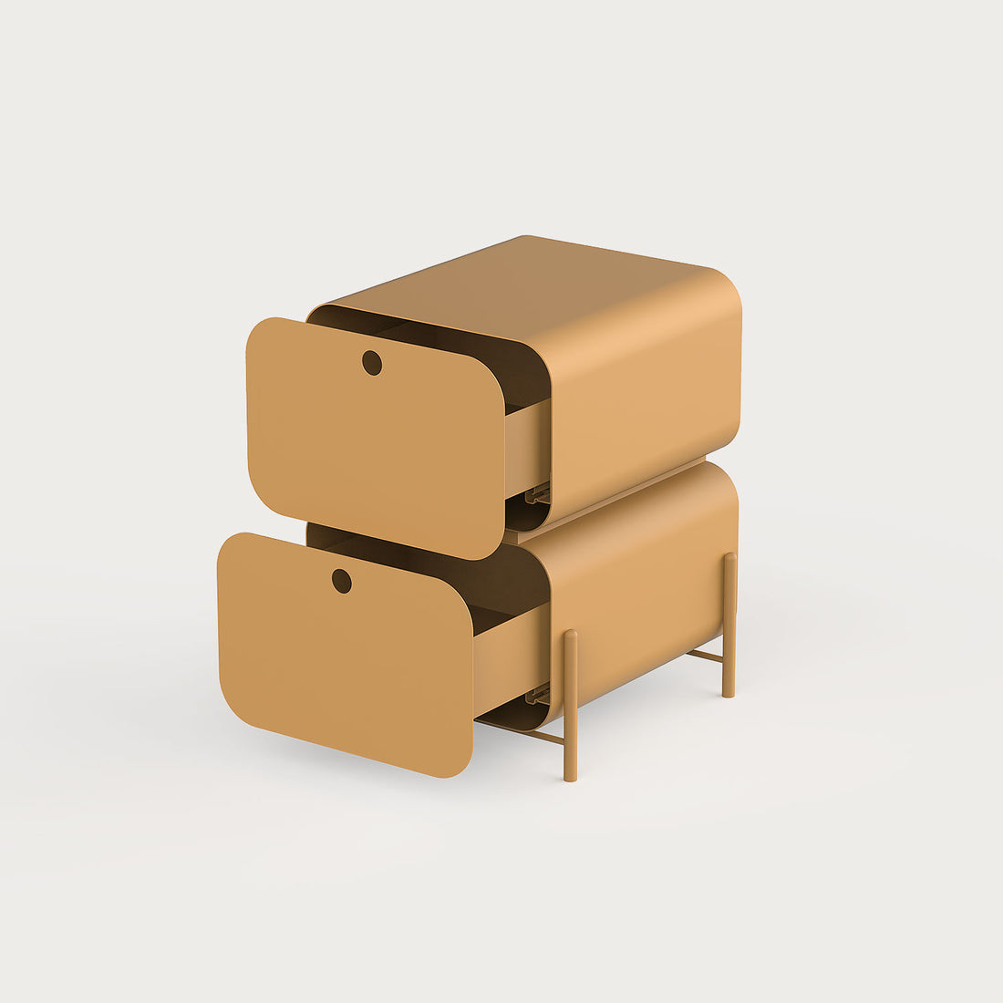 Yuvarlatılmış hatlı metal Pod Komodin; minimal, modern ve el yapımı tasarım. Çift çekmeceli yapısıyla yatak odası için fonksiyonel ve dekoratif çözüm. Ücretsiz kargo.