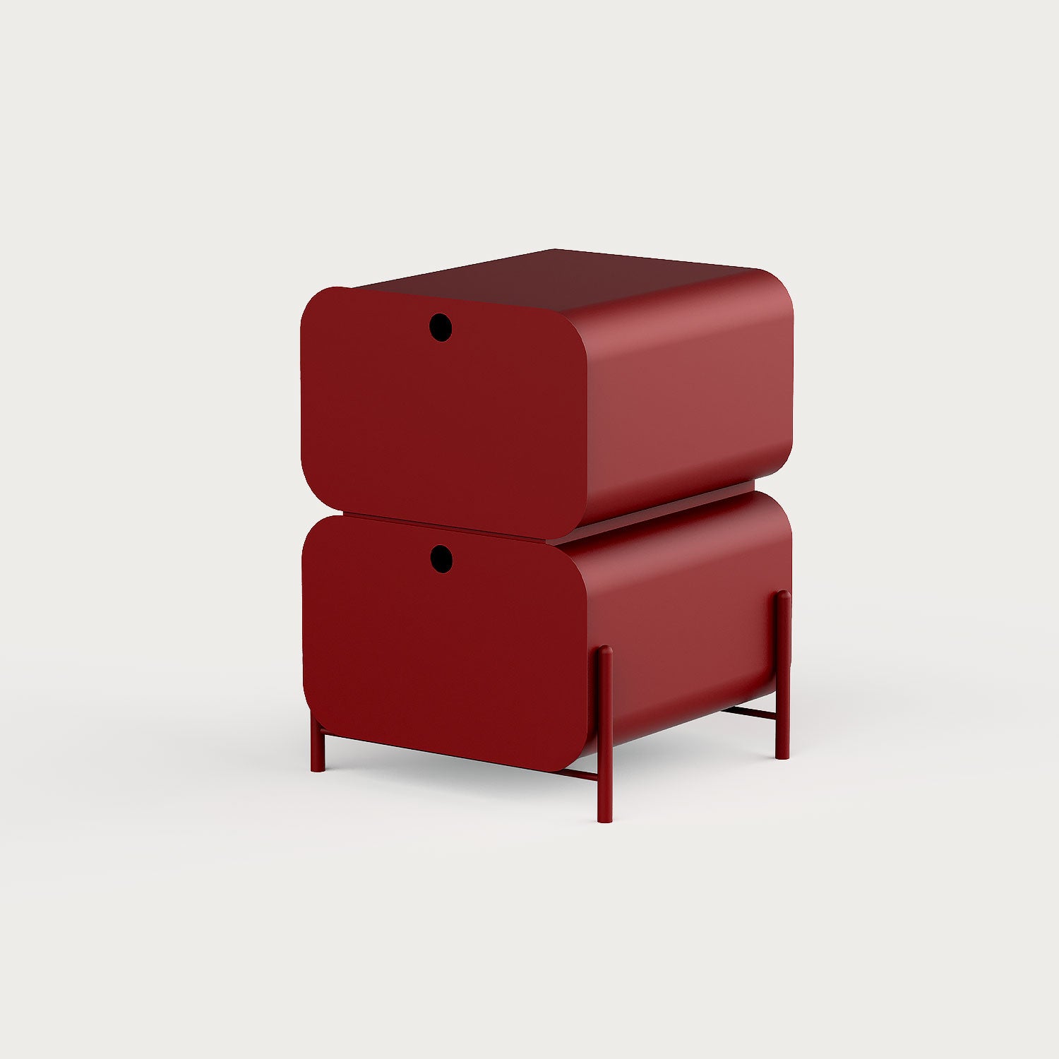 Yuvarlatılmış hatlı metal Pod Komodin; minimal, modern ve el yapımı tasarım. Çift çekmeceli yapısıyla yatak odası için fonksiyonel ve dekoratif çözüm. Ücretsiz kargo.