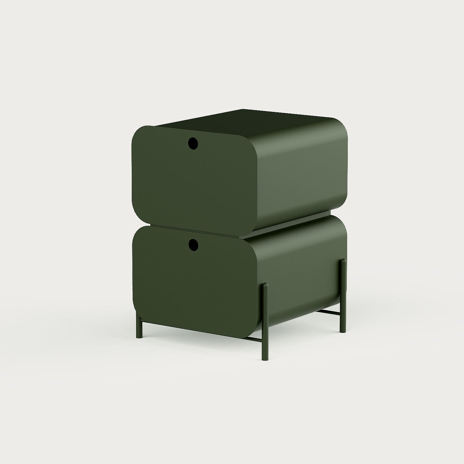 Yuvarlatılmış hatlı metal Pod Komodin; minimal, modern ve el yapımı tasarım. Çift çekmeceli yapısıyla yatak odası için fonksiyonel ve dekoratif çözüm. Ücretsiz kargo.