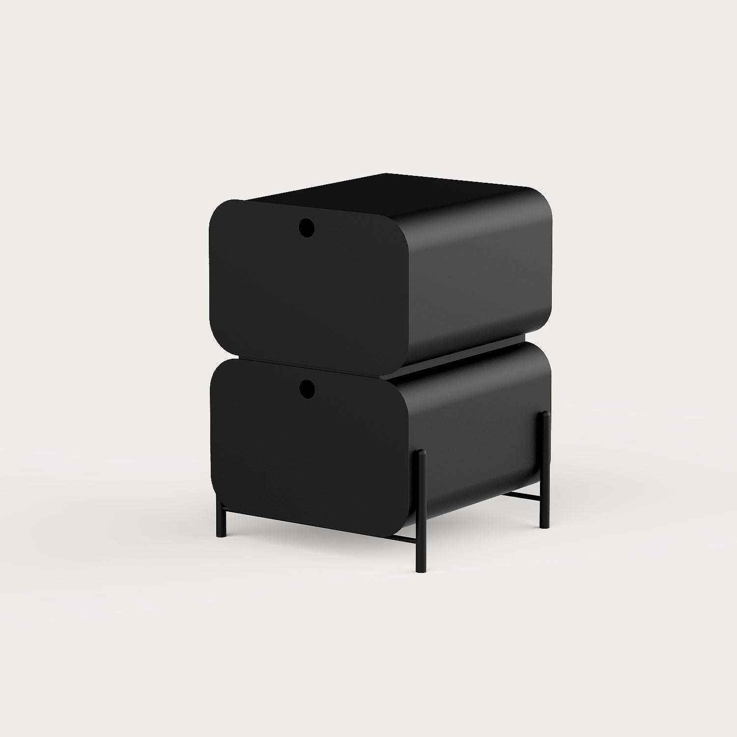 Yuvarlatılmış hatlı metal Pod Komodin; minimal, modern ve el yapımı tasarım. Çift çekmeceli yapısıyla yatak odası için fonksiyonel ve dekoratif çözüm. Ücretsiz kargo.