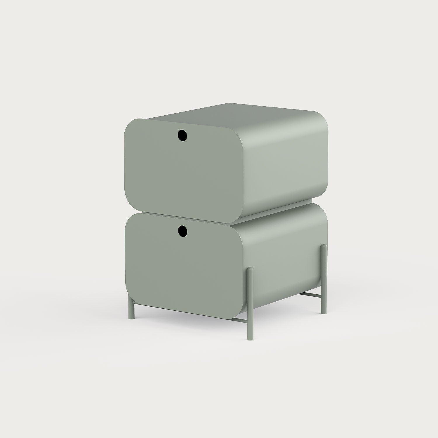 Yuvarlatılmış hatlı metal Pod Komodin; minimal, modern ve el yapımı tasarım. Çift çekmeceli yapısıyla yatak odası için fonksiyonel ve dekoratif çözüm. Ücretsiz kargo.