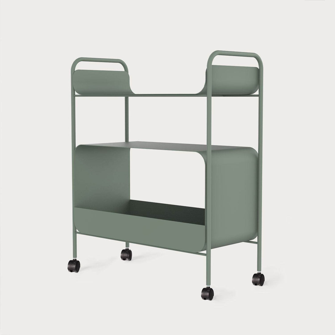 Tekerlekli metal raf ünitesi – hareketli modern depolama ve sergi raf sistemi